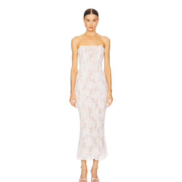 V. Chapman White Strapless Lace Midi Dress